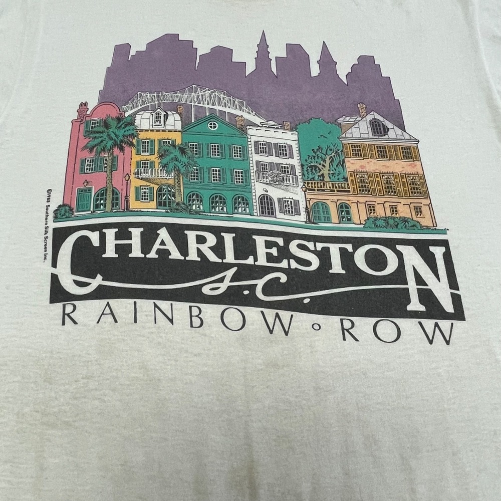 Vintage 1989 Charleston SC Rainbow Row T Shirt White Single Stitch Medium Hanes